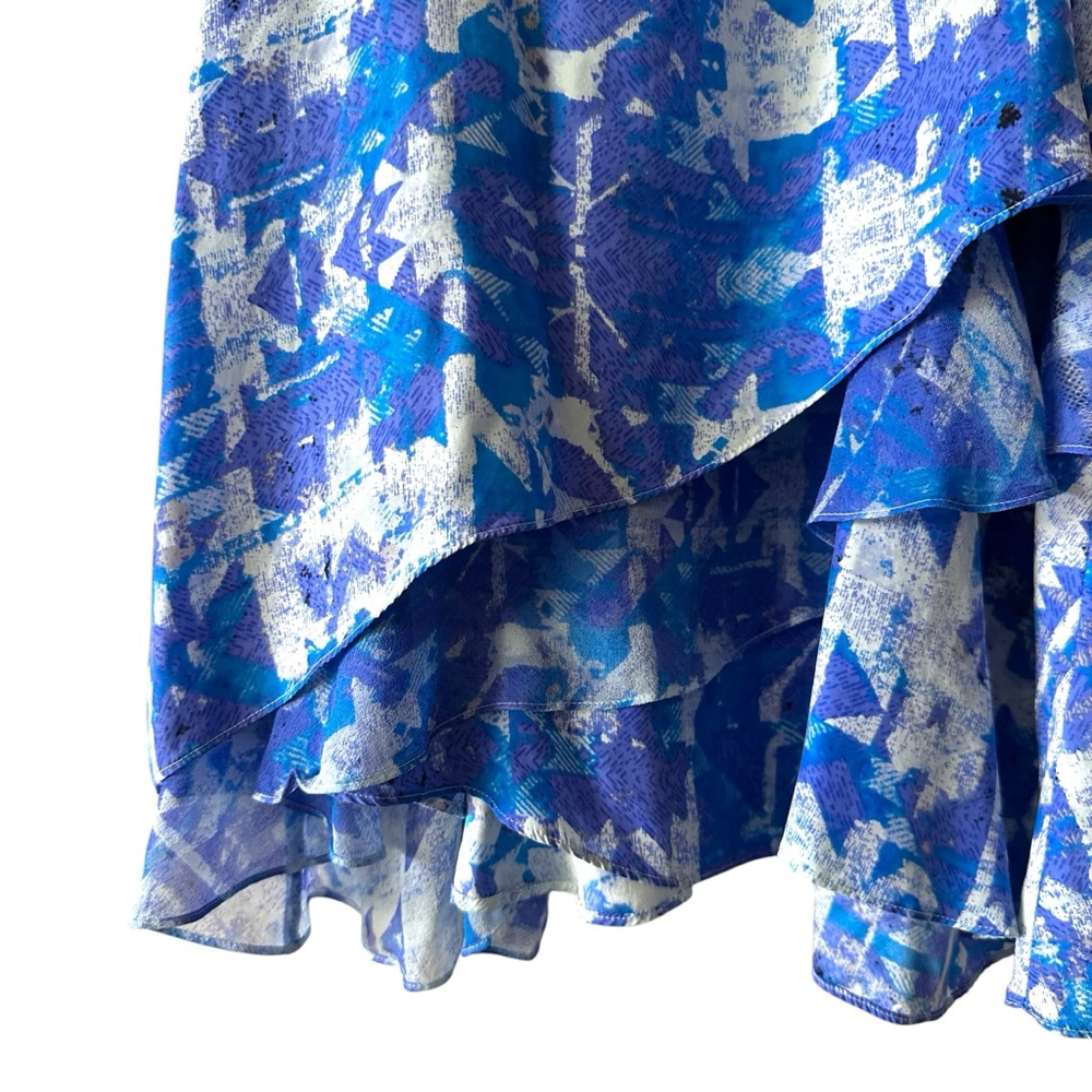 Parker Silk Dress Blue Abstract Racerback Hi-Lo Ruffle Size S - Picture 3 of 8